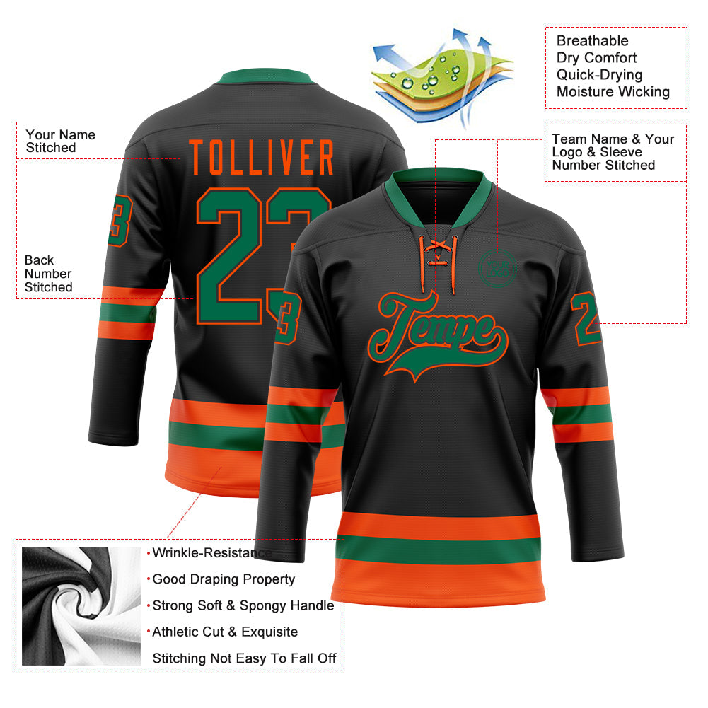 Custom Black Kelly Green-Orange Hockey Lace Neck Jersey - Sky-Custom