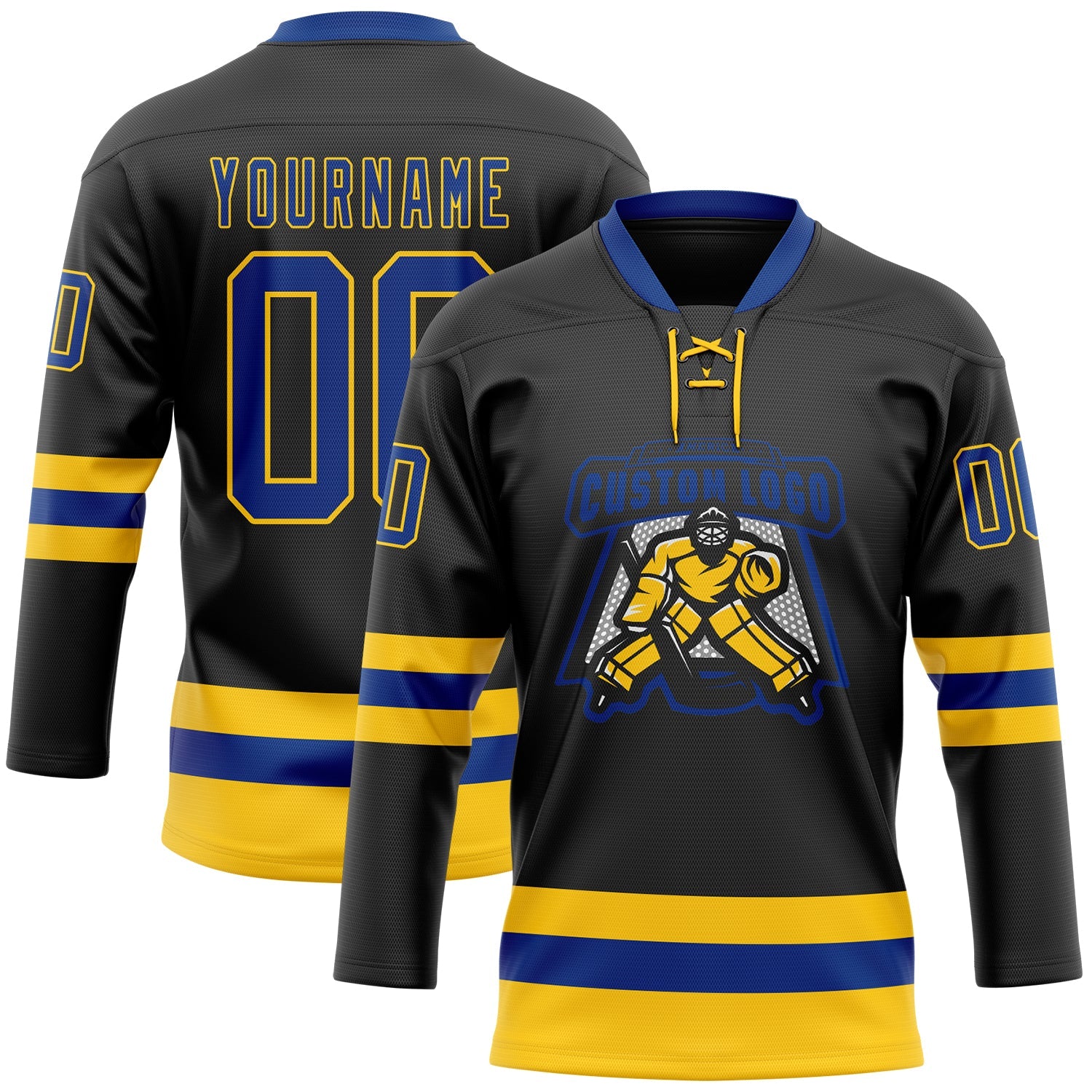 Custom Black Royal-Yellow Hockey Lace Neck Jersey - Sky-Custom