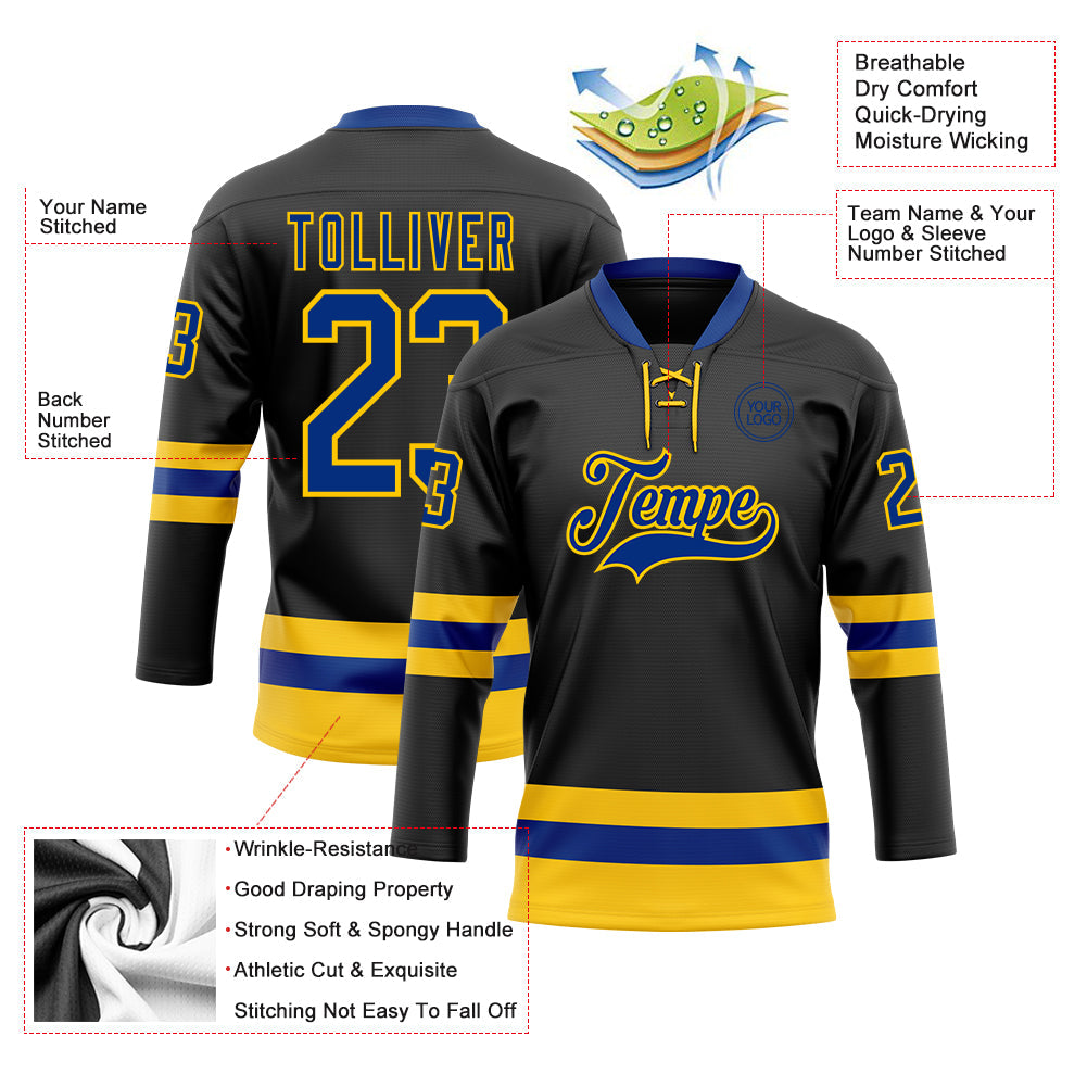 Custom Black Royal-Yellow Hockey Lace Neck Jersey - Sky-Custom