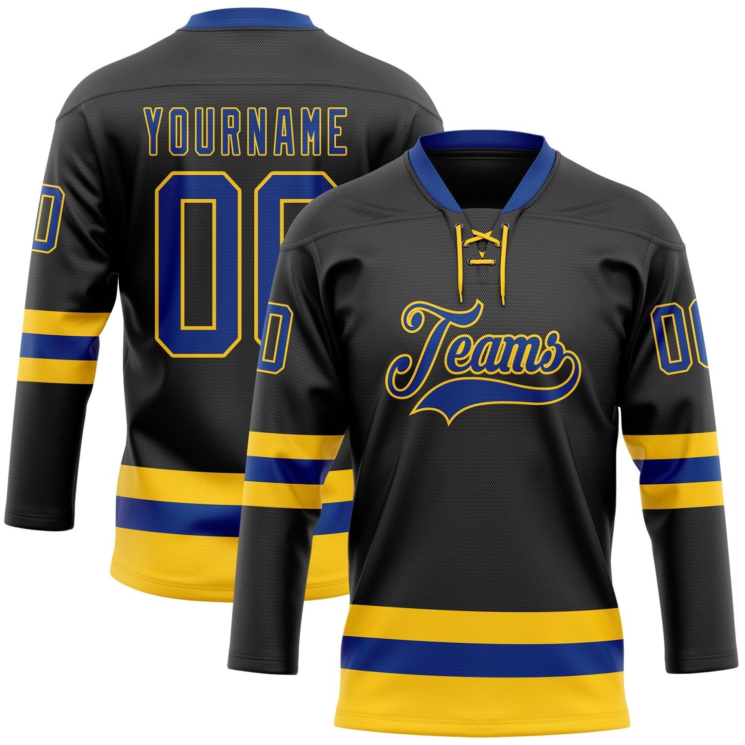 Custom Black Royal-Yellow Hockey Lace Neck Jersey - Sky-Custom