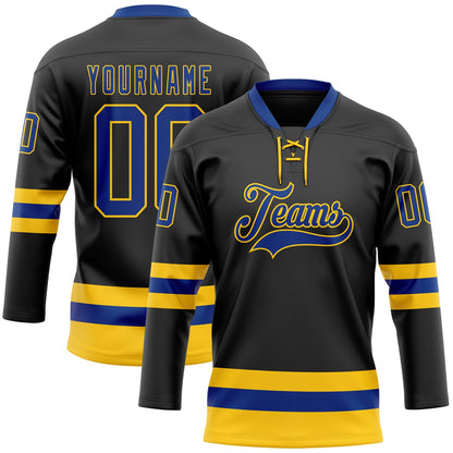 Custom Black Royal-Yellow Hockey Lace Neck Jersey - Sky-Custom
