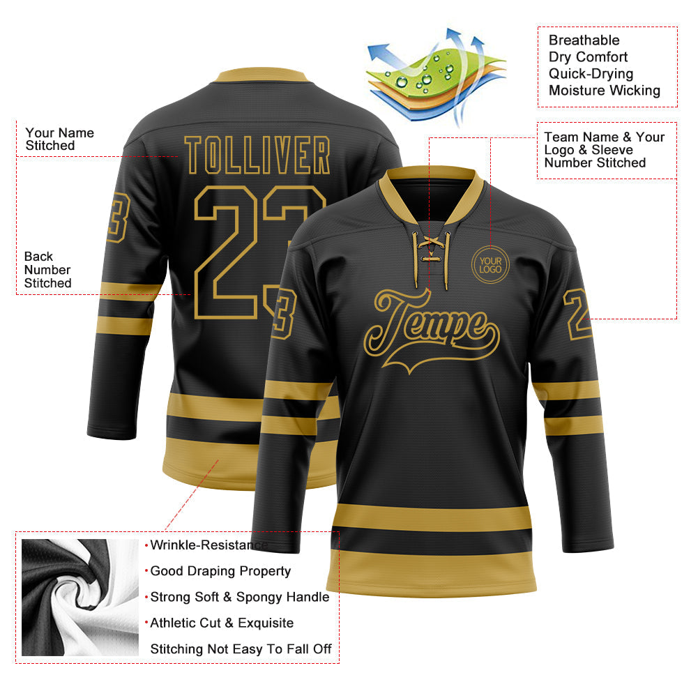 Custom Black Old Gold Hockey Lace Neck Jersey - Sky-Custom