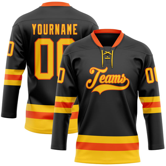 Custom Black Yellow-Orange Hockey Lace Neck Jersey - Sky-Custom