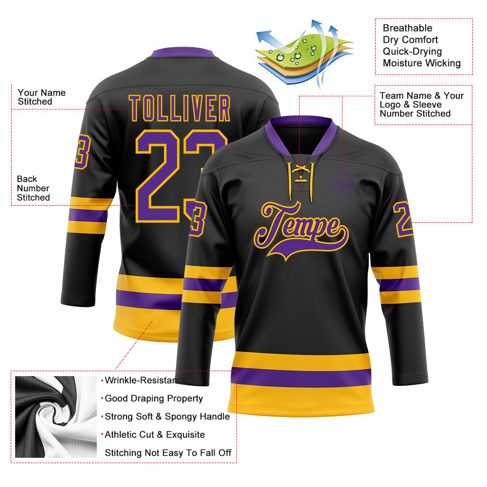 Custom Black Purple-Gold Hockey Lace Neck Jersey - Sky-Custom