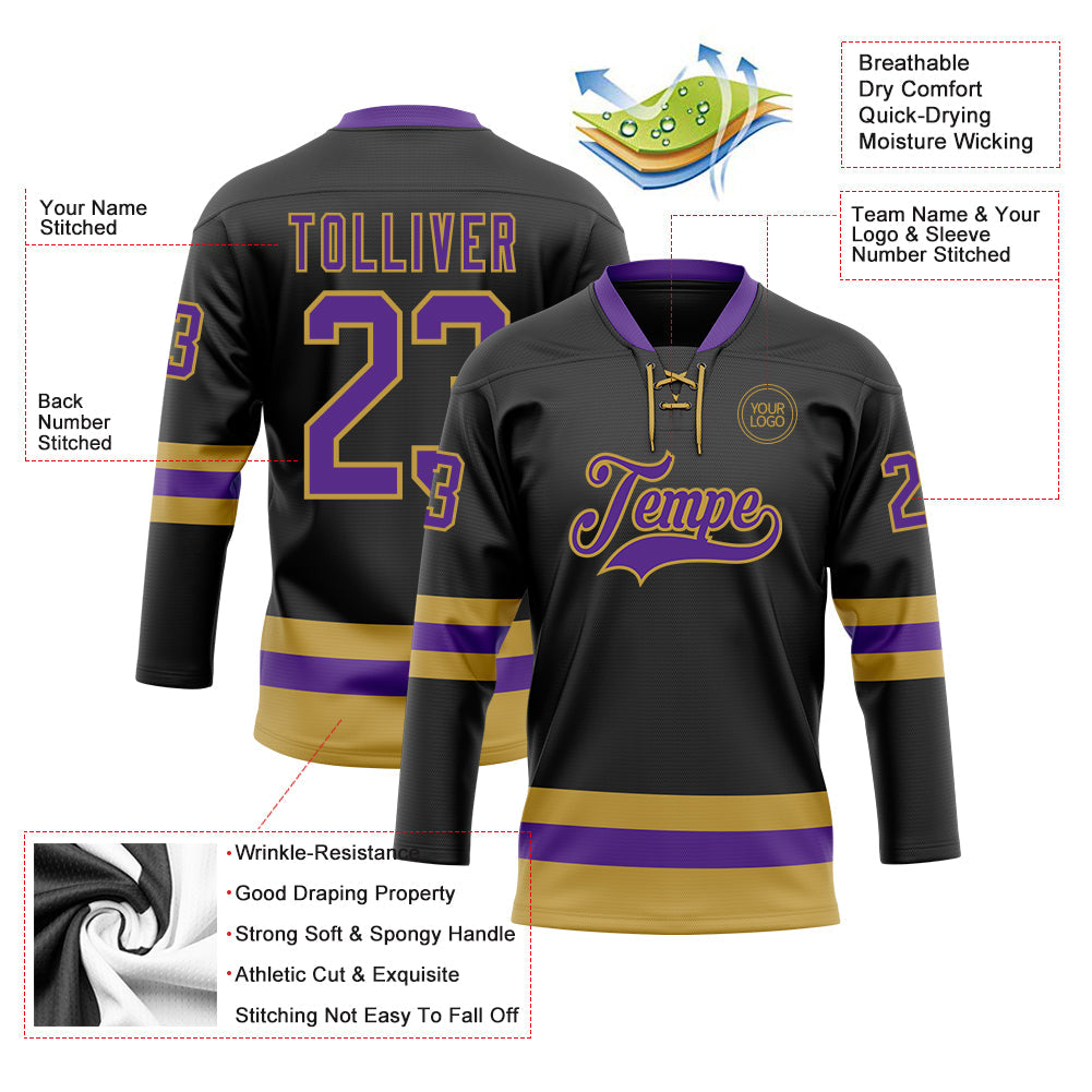 Custom Black Purple-Old Gold Hockey Lace Neck Jersey - Sky-Custom