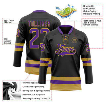 Custom Black Purple-Old Gold Hockey Lace Neck Jersey - Sky-Custom