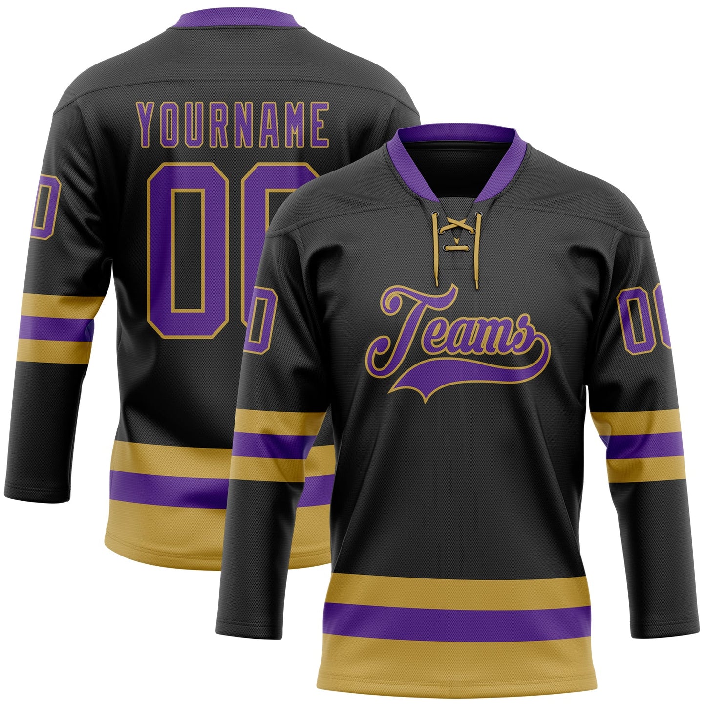 Custom Black Purple-Old Gold Hockey Lace Neck Jersey - Sky-Custom