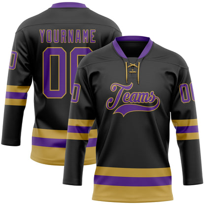Custom Black Purple-Old Gold Hockey Lace Neck Jersey - Sky-Custom