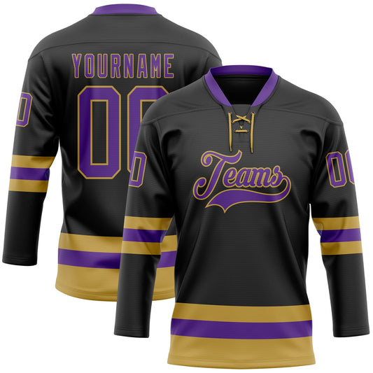 Custom Black Purple-Old Gold Hockey Lace Neck Jersey - Sky-Custom