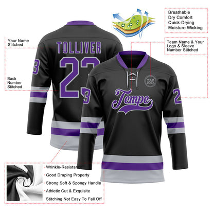Custom Black Purple-Gray Hockey Lace Neck Jersey - Sky-Custom