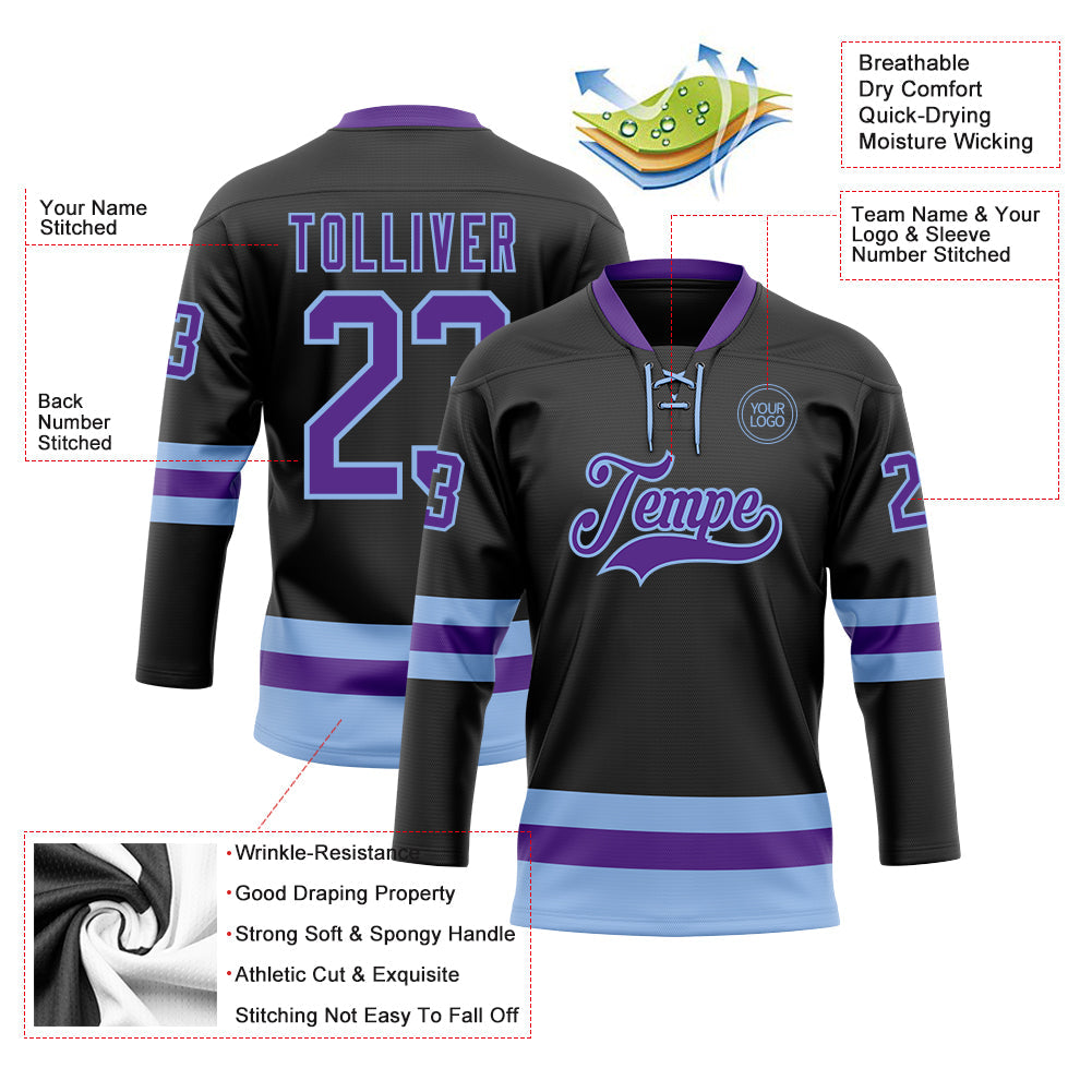 Custom Black Purple-Light Blue Hockey Lace Neck Jersey - Sky-Custom