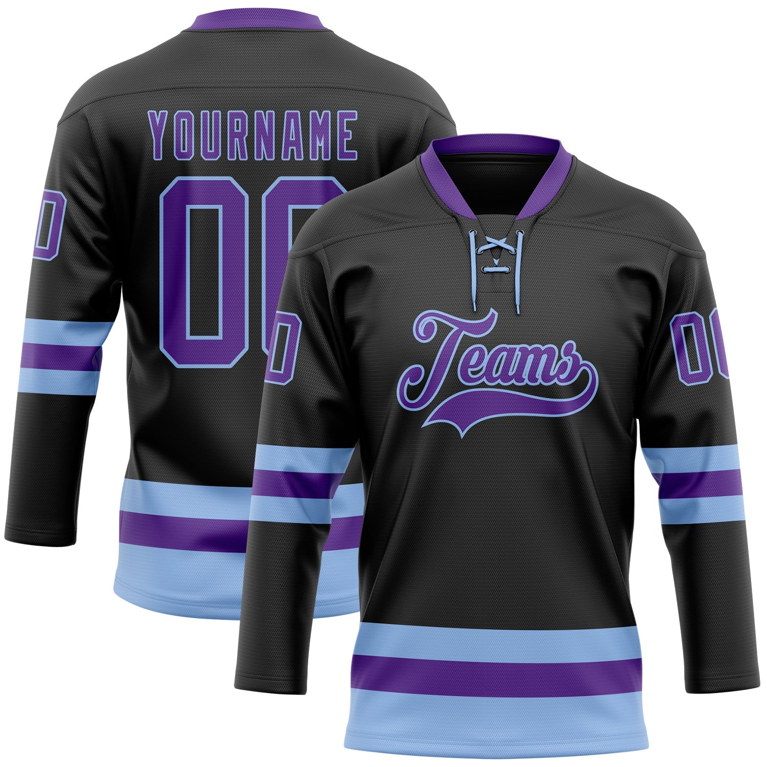 Custom Black Purple-Light Blue Hockey Lace Neck Jersey - Sky-Custom