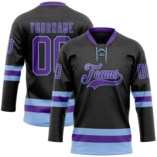 Custom Black Purple-Light Blue Hockey Lace Neck Jersey - Sky-Custom