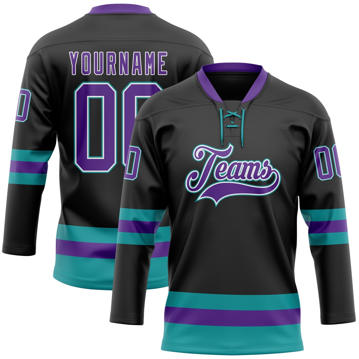 Custom Black Purple-Teal Hockey Lace Neck Jersey - Sky-Custom