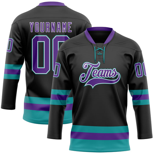 Custom Black Purple-Teal Hockey Lace Neck Jersey - Sky-Custom