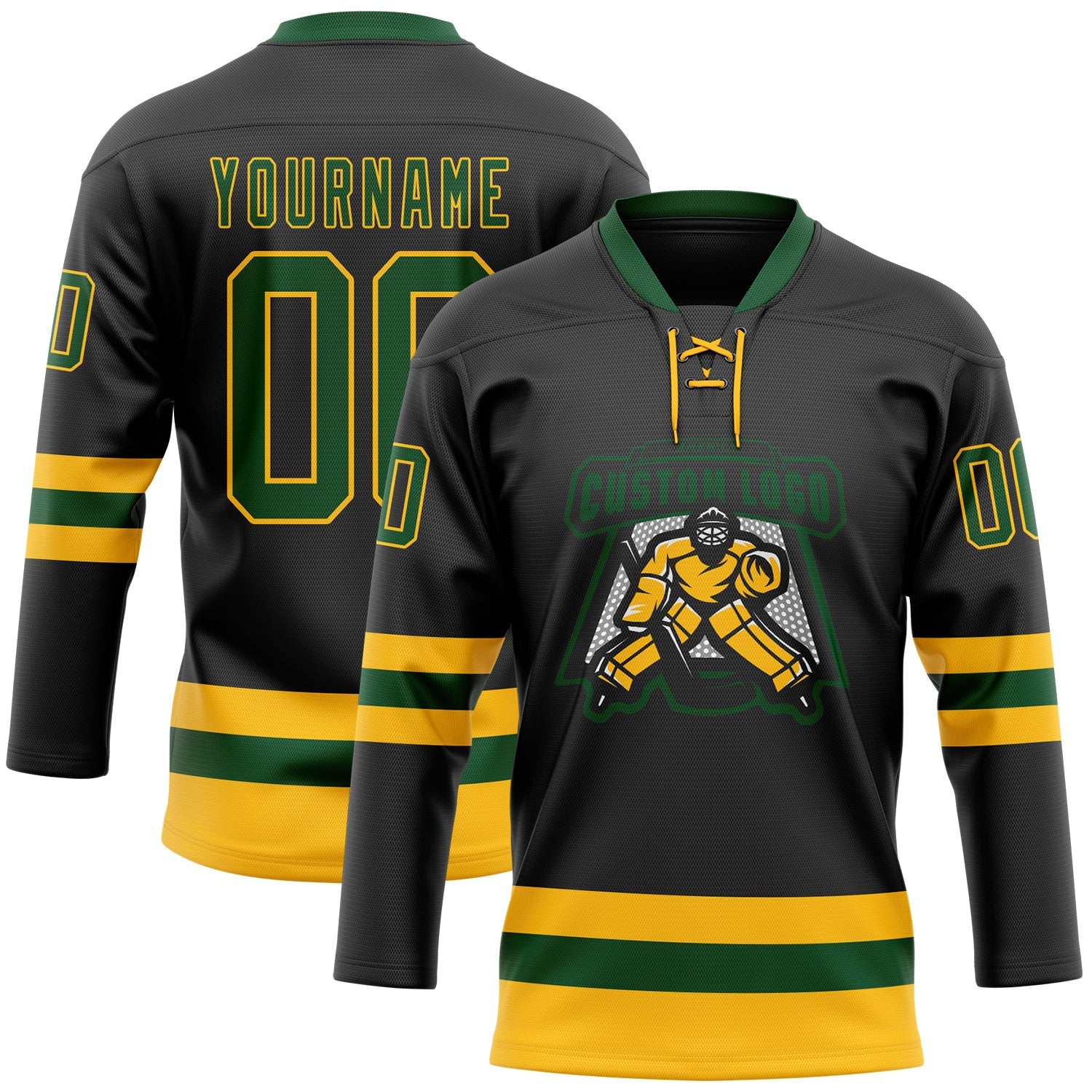 Custom Black Green-Gold Hockey Lace Neck Jersey - Sky-Custom