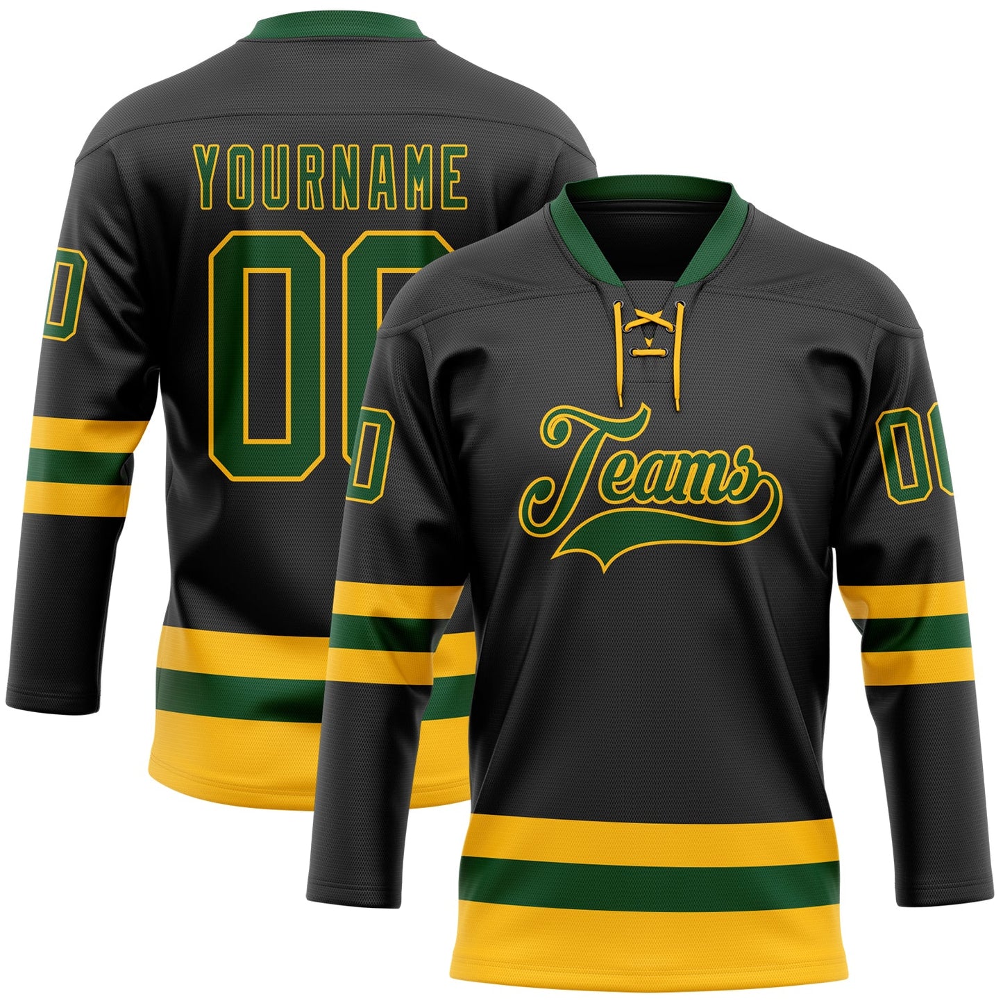 Custom Black Green-Gold Hockey Lace Neck Jersey - Sky-Custom