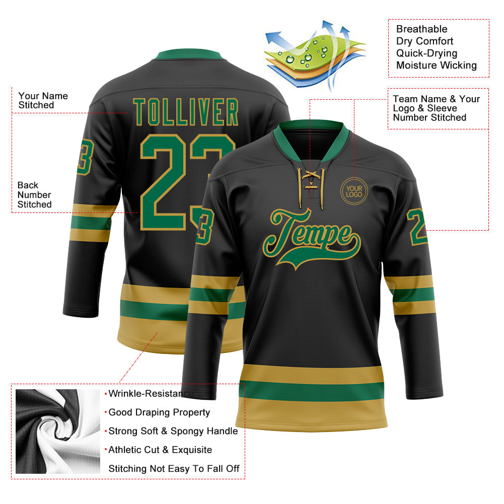 Custom Black Kelly Green-Old Gold Hockey Lace Neck Jersey - Sky-Custom