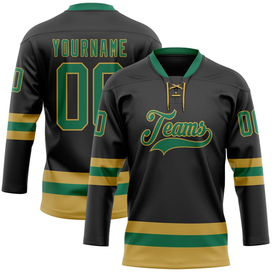 Custom Black Kelly Green-Old Gold Hockey Lace Neck Jersey - Sky-Custom
