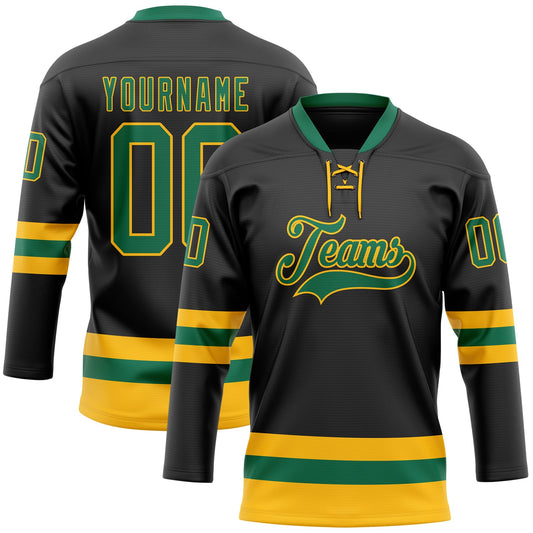 Custom Black Kelly Green-Gold Hockey Lace Neck Jersey - Sky-Custom