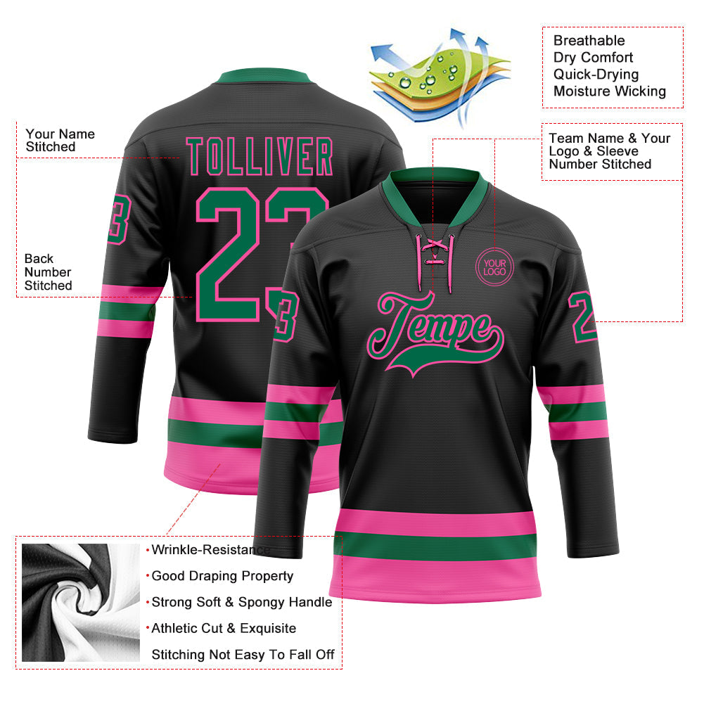 Custom Black Kelly Green-Pink Hockey Lace Neck Jersey - Sky-Custom