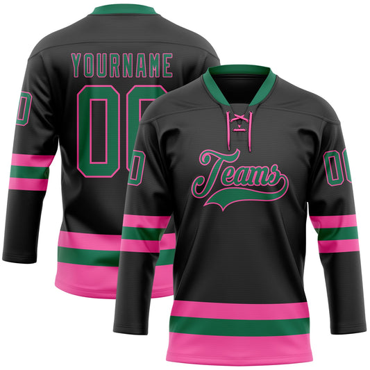 Custom Black Kelly Green-Pink Hockey Lace Neck Jersey - Sky-Custom