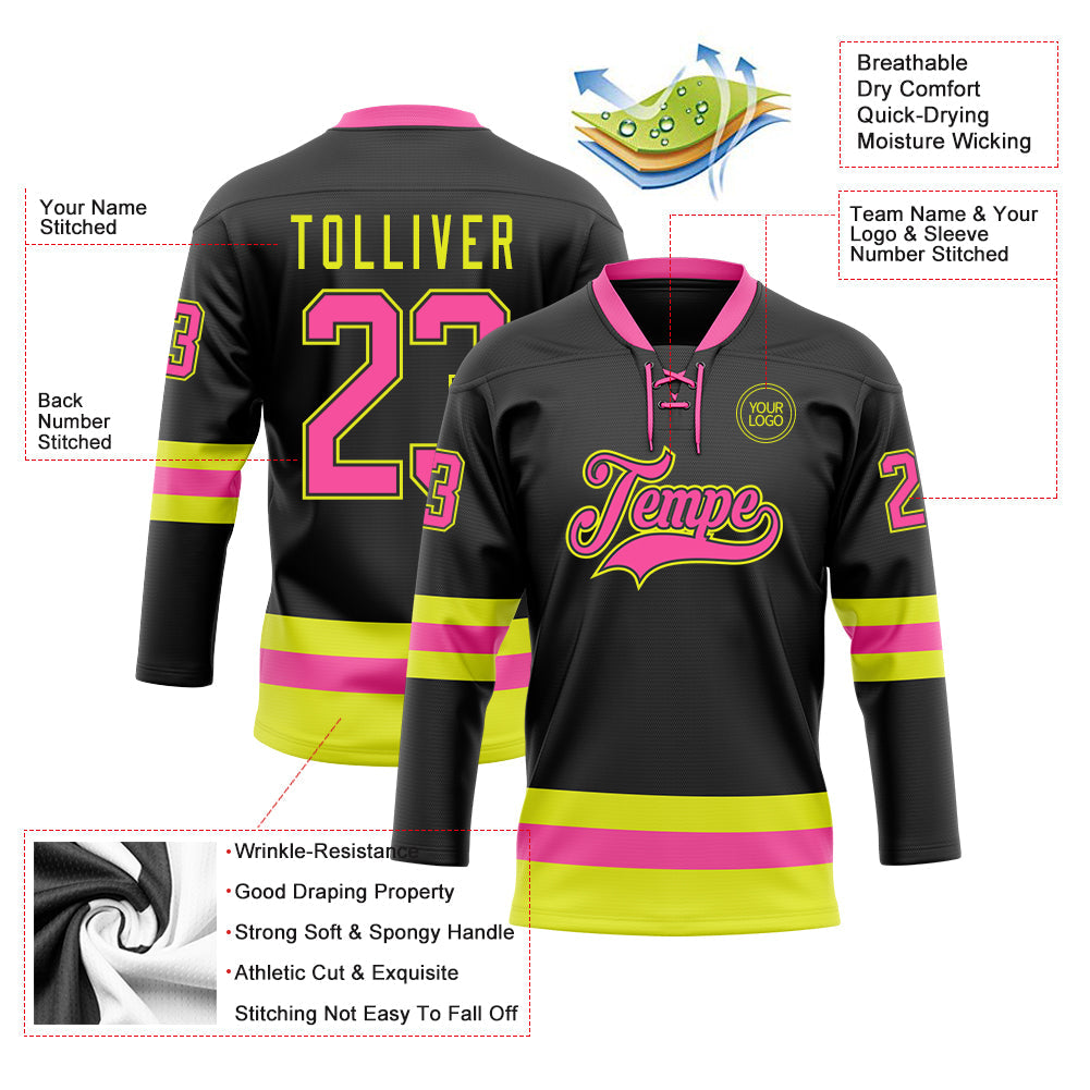 Custom Black Pink-Neon Yellow Hockey Lace Neck Jersey - Sky-Custom