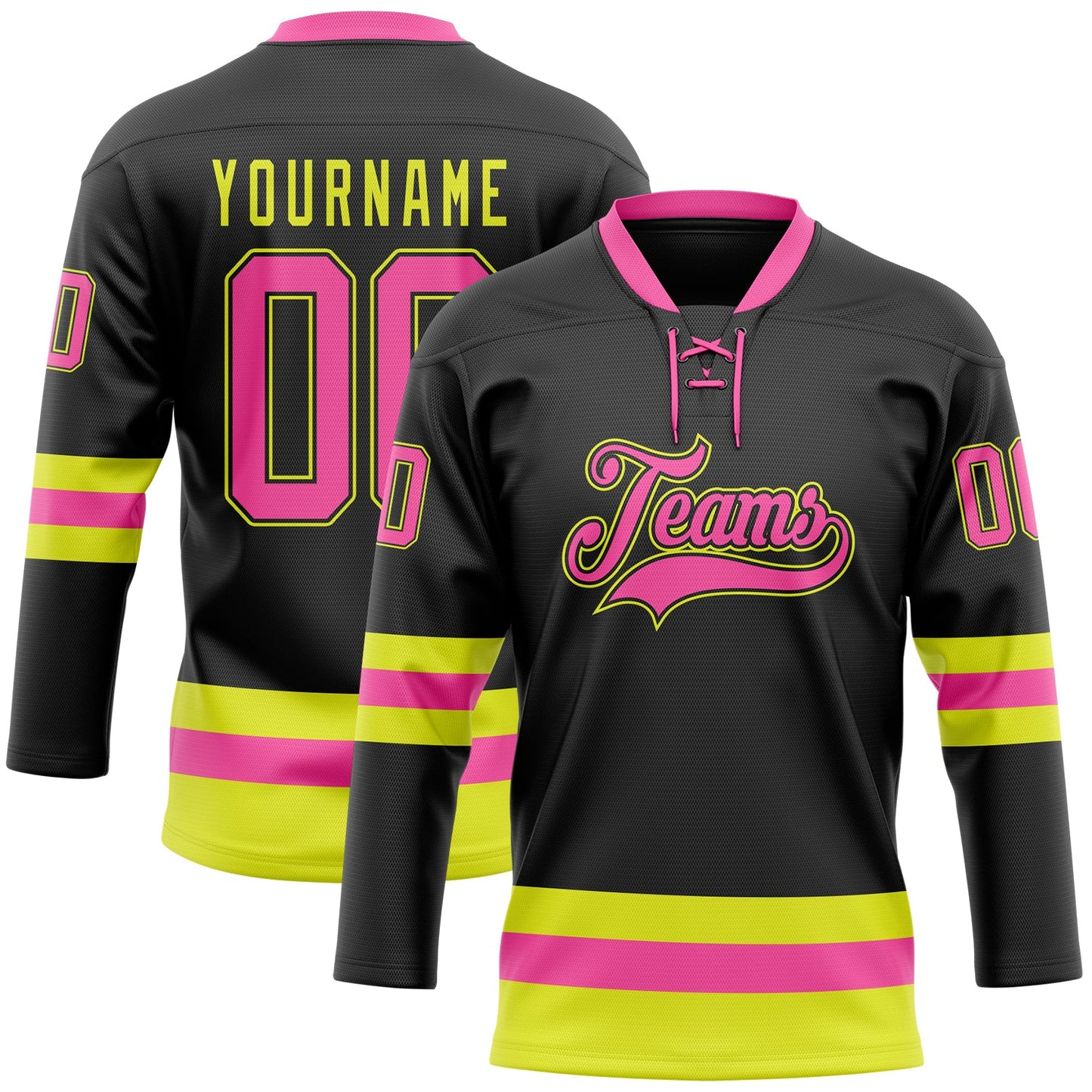Custom Black Pink-Neon Yellow Hockey Lace Neck Jersey - Sky-Custom