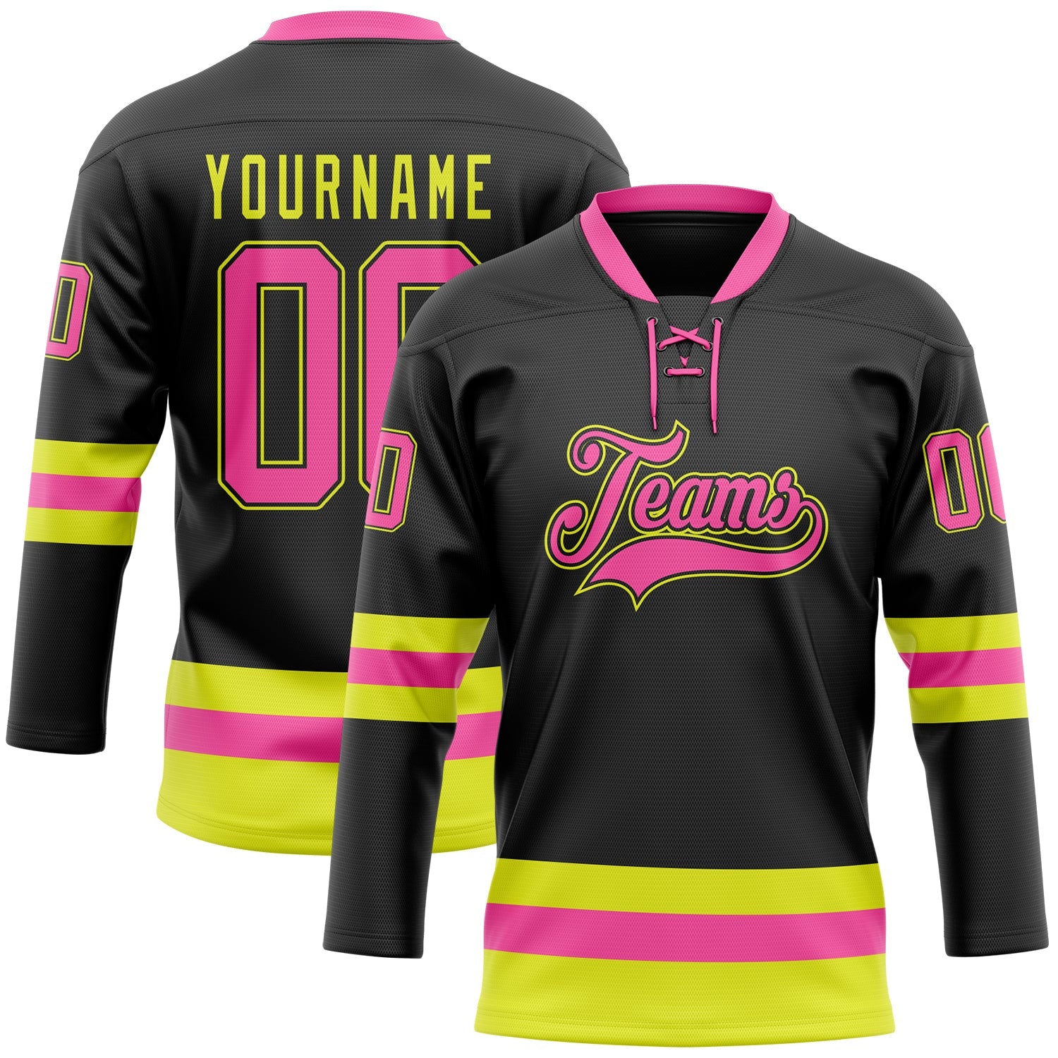 Custom Black Pink-Neon Yellow Hockey Lace Neck Jersey - Sky-Custom