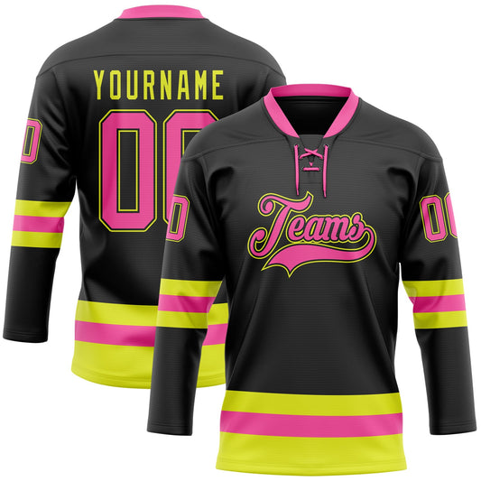 Custom Black Pink-Neon Yellow Hockey Lace Neck Jersey - Sky-Custom