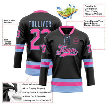 Custom Black Pink-Light Blue Hockey Lace Neck Jersey - Sky-Custom