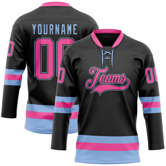Custom Black Pink-Light Blue Hockey Lace Neck Jersey - Sky-Custom