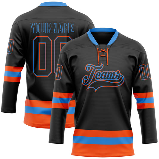 Custom Black Powder Blue-Orange Hockey Lace Neck Jersey - Sky-Custom