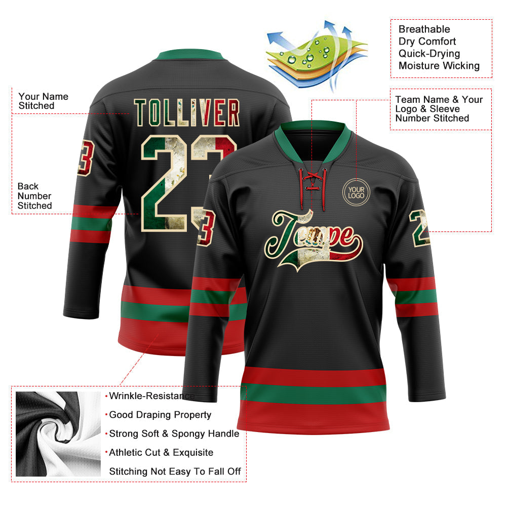 Custom Black Vintage Mexican Flag Cream Red-Kelly Green Hockey Lace Neck Jersey - Sky-Custom