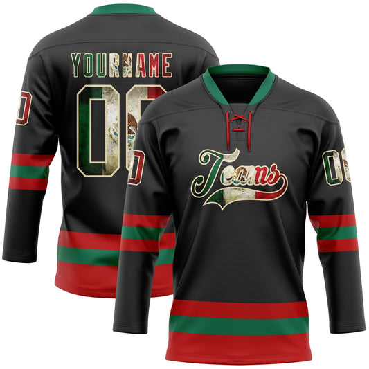 Custom Black Vintage Mexican Flag Cream Red-Kelly Green Hockey Lace Neck Jersey - Sky-Custom