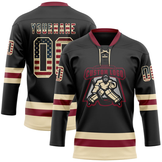 Custom Black Vintage USA Flag Cream-Crimson Hockey Lace Neck Jersey - Sky-Custom