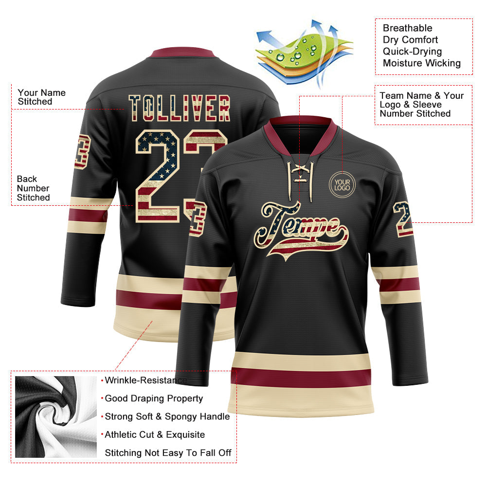 Custom Black Vintage USA Flag Cream-Crimson Hockey Lace Neck Jersey - Sky-Custom