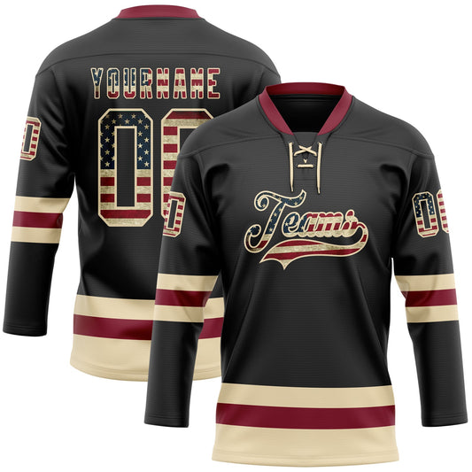 Custom Black Vintage USA Flag Cream-Crimson Hockey Lace Neck Jersey - Sky-Custom