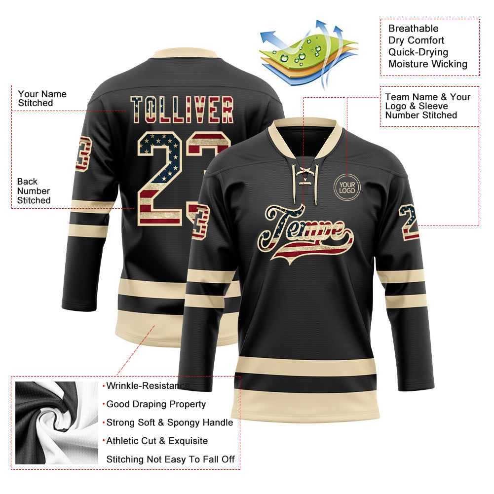 Custom Black Vintage USA Flag-Cream Hockey Lace Neck Jersey - Sky-Custom