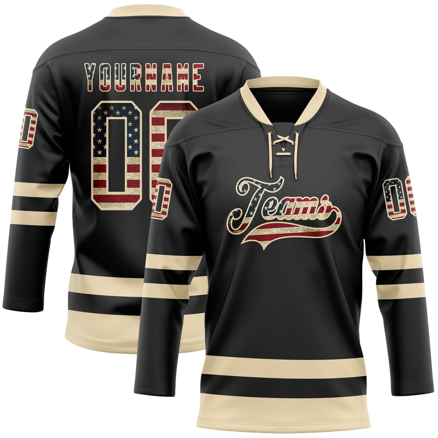 Custom Black Vintage USA Flag-Cream Hockey Lace Neck Jersey - Sky-Custom