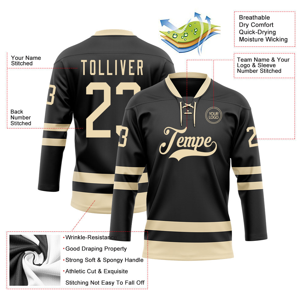 Custom Black Cream Hockey Lace Neck Jersey - Sky-Custom