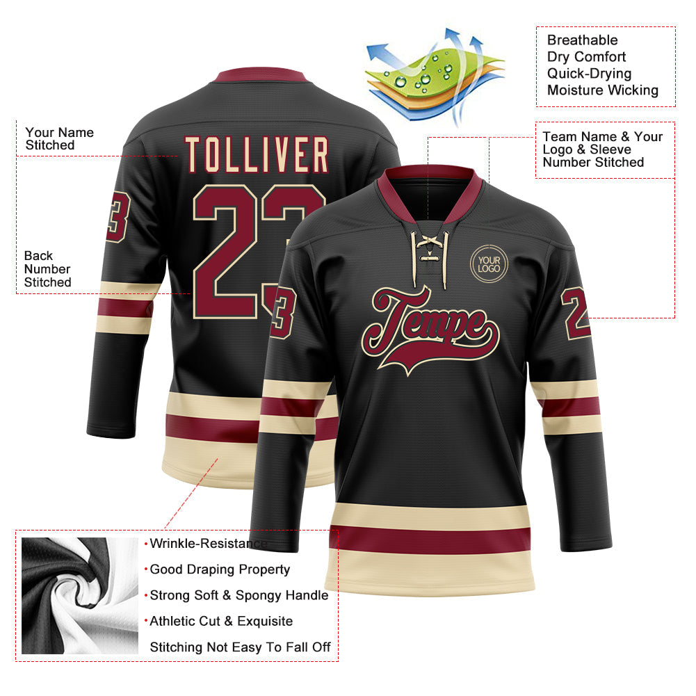 Custom Black Crimson-Cream Hockey Lace Neck Jersey - Sky-Custom