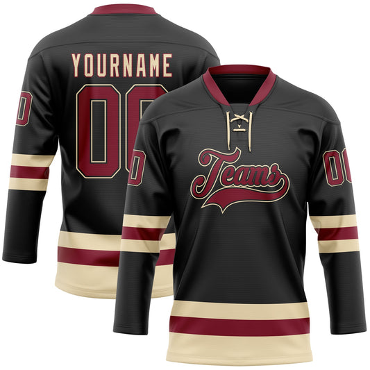 Custom Black Crimson-Cream Hockey Lace Neck Jersey - Sky-Custom