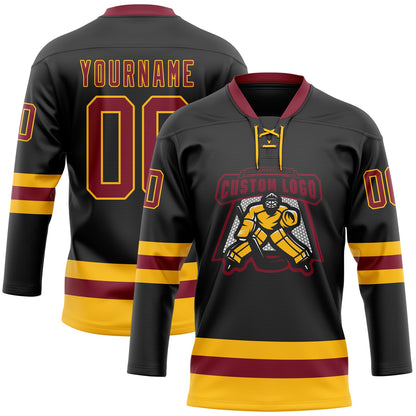 Custom Black Crimson-Gold Hockey Lace Neck Jersey - Sky-Custom