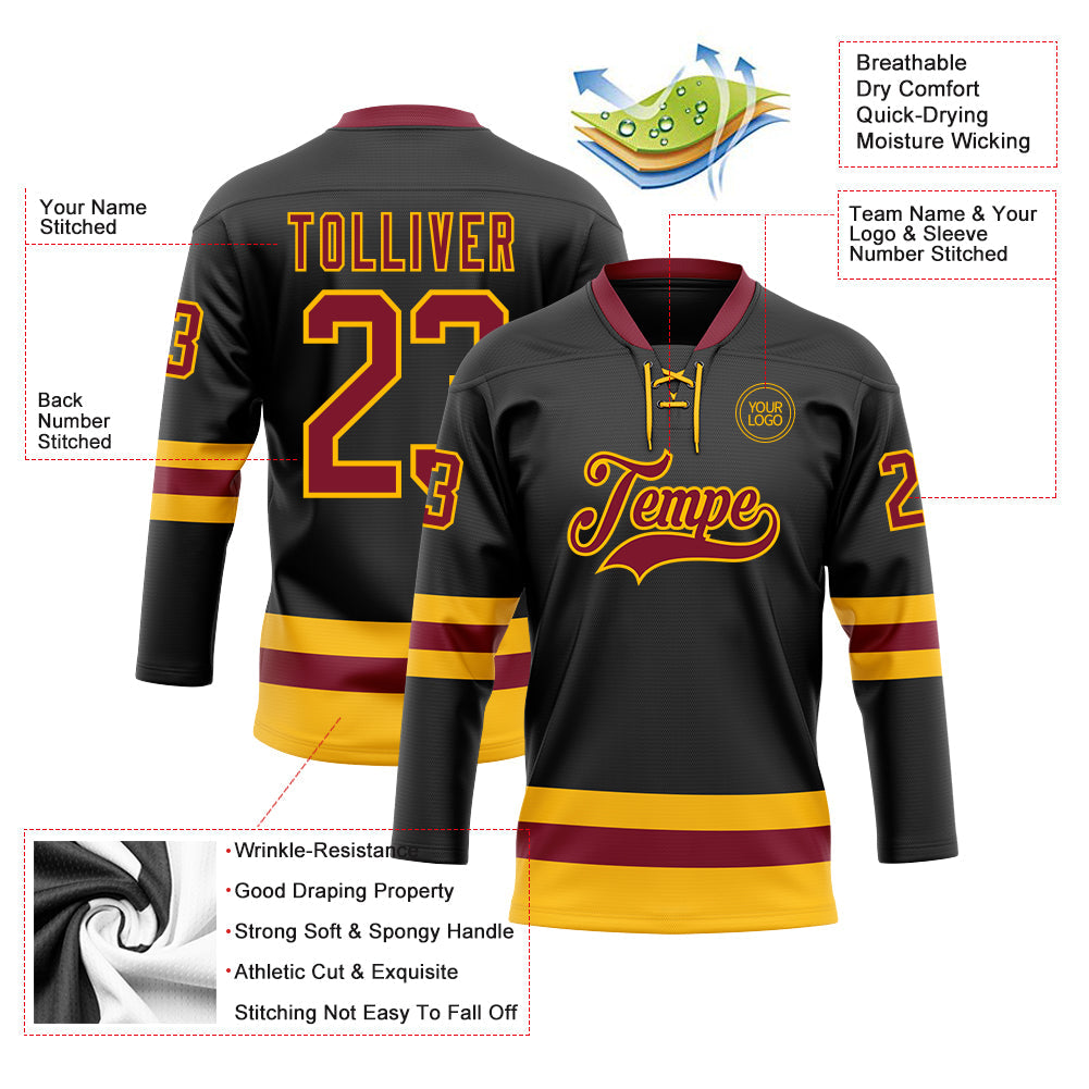 Custom Black Crimson-Gold Hockey Lace Neck Jersey - Sky-Custom