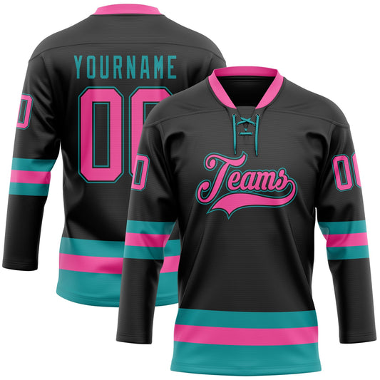 Custom Black Pink-Teal Hockey Lace Neck Jersey - Sky-Custom