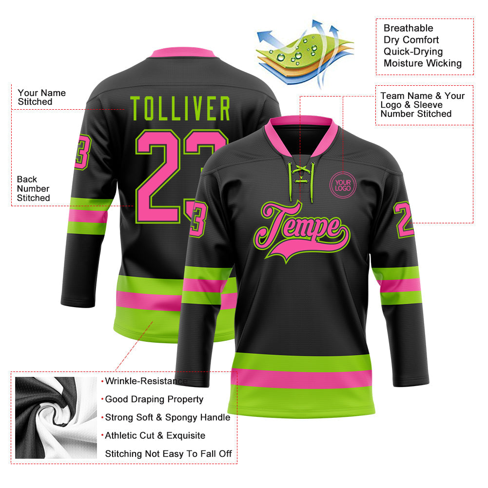 Custom Black Pink-Neon Green Hockey Lace Neck Jersey - Sky-Custom