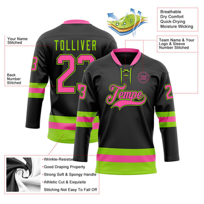 Custom Black Pink-Neon Green Hockey Lace Neck Jersey - Sky-Custom