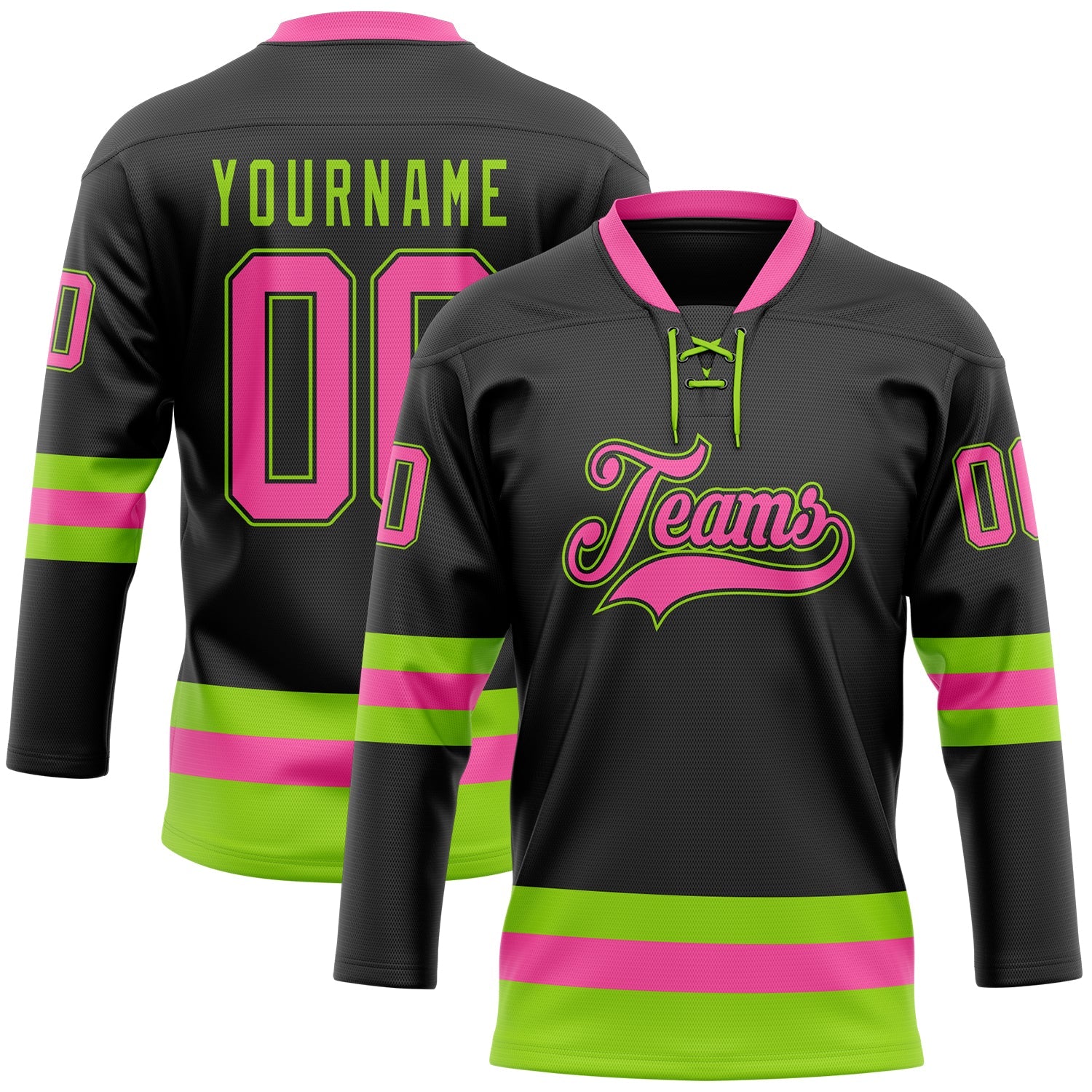 Custom Black Pink-Neon Green Hockey Lace Neck Jersey - Sky-Custom