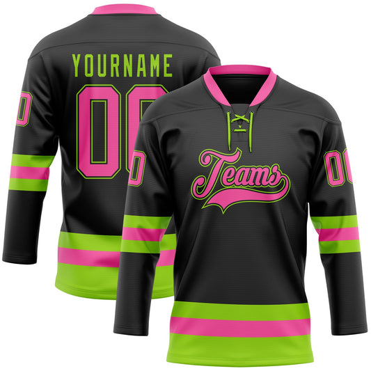 Custom Black Pink-Neon Green Hockey Lace Neck Jersey - Sky-Custom